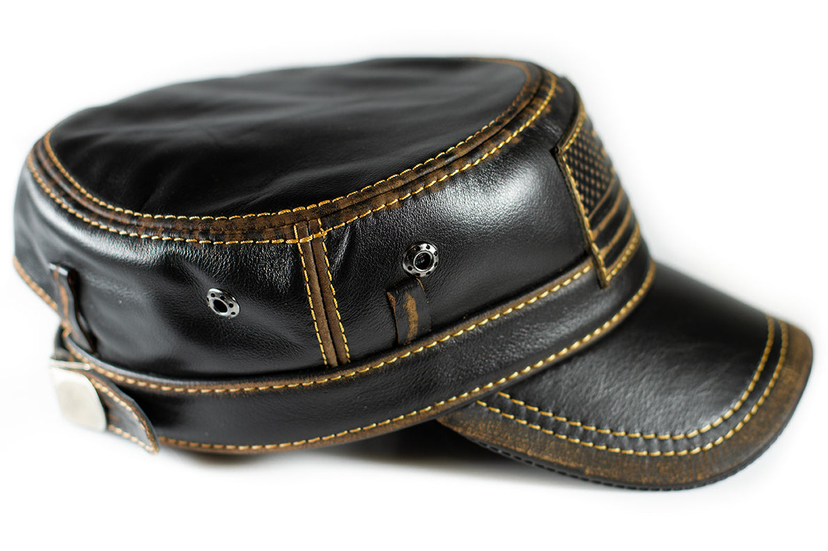 American Flag Patriotic Genuine Leather Captain Black Distressed Cap