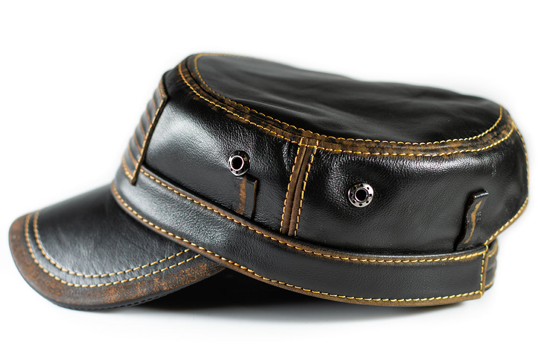 American Flag Patriotic Genuine Leather Captain Black Distressed Cap