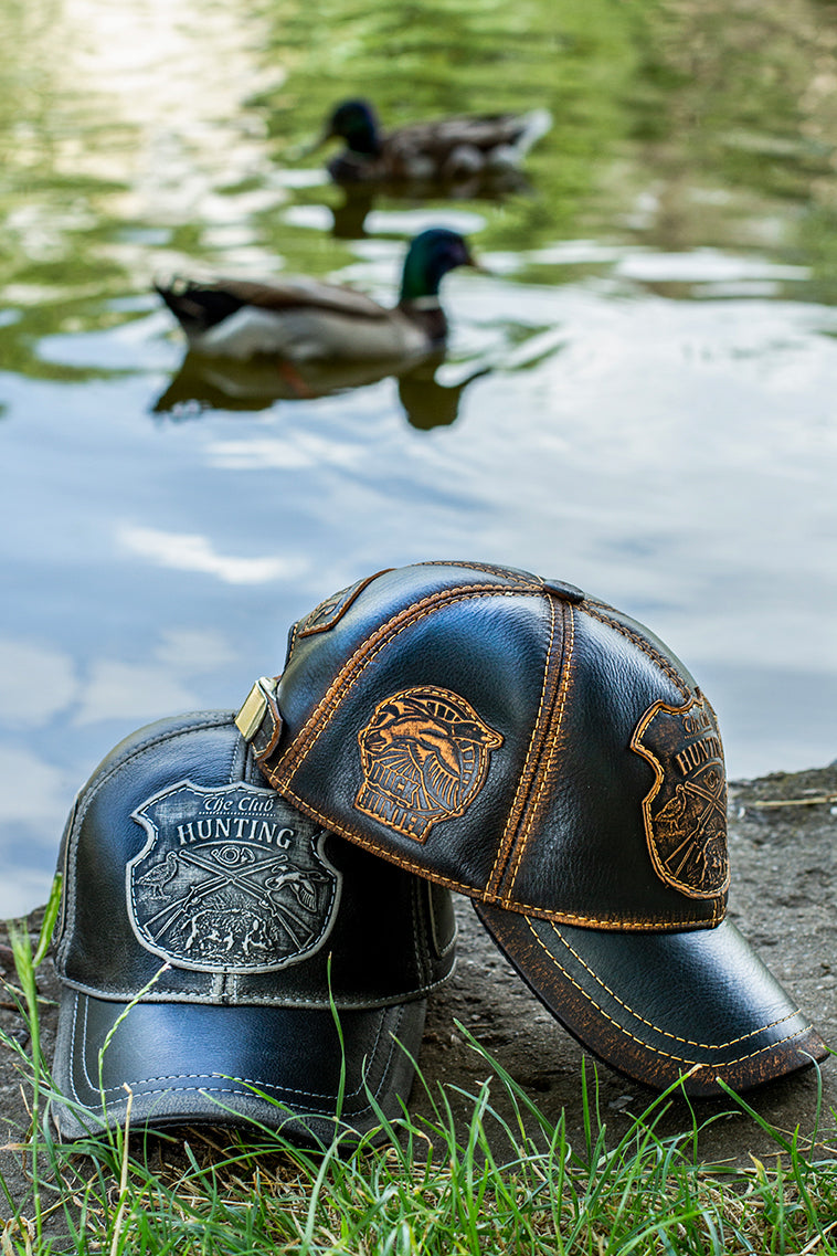 Leather Hunting Cap: Handmade Vintage Black Duck Hunter Hat with Hunting Club Badge| Apero Bullo