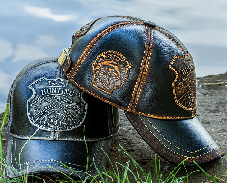 Leather Hunting Cap: Handmade Vintage Black Duck Hunter Hat with Hunting Club Badge| Apero Bullo