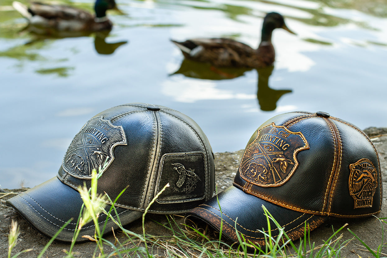 Leather Hunting Cap: Handmade Vintage Black Hat with Hunting Club, Dog & Bird Patches | Apero Bullo