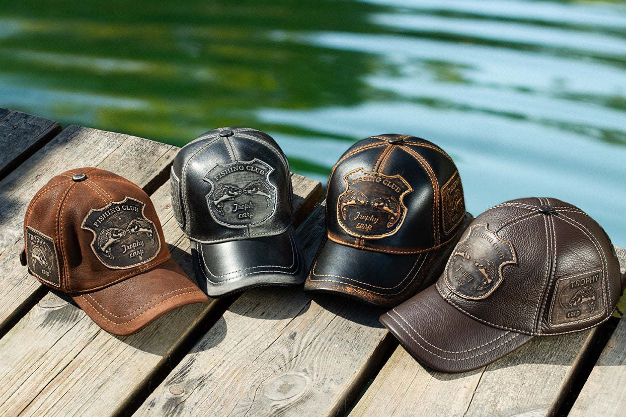 Leather Fishing Cap: Handmade Trophy Carp Black Baseball Cap with Fishing Club Badge | Apero Bullo