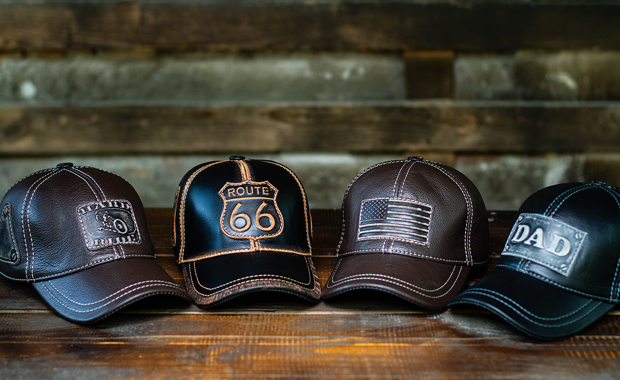 Leather Biker Hat: Handmade Brown Motorcycle Cap for Men with American Flag Patch, Patriotic Gift | Apero Bullo