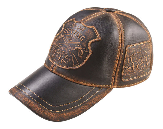 Boar Hunter Handcrafted Leather Cap with Embossed Patches. Black and Brown