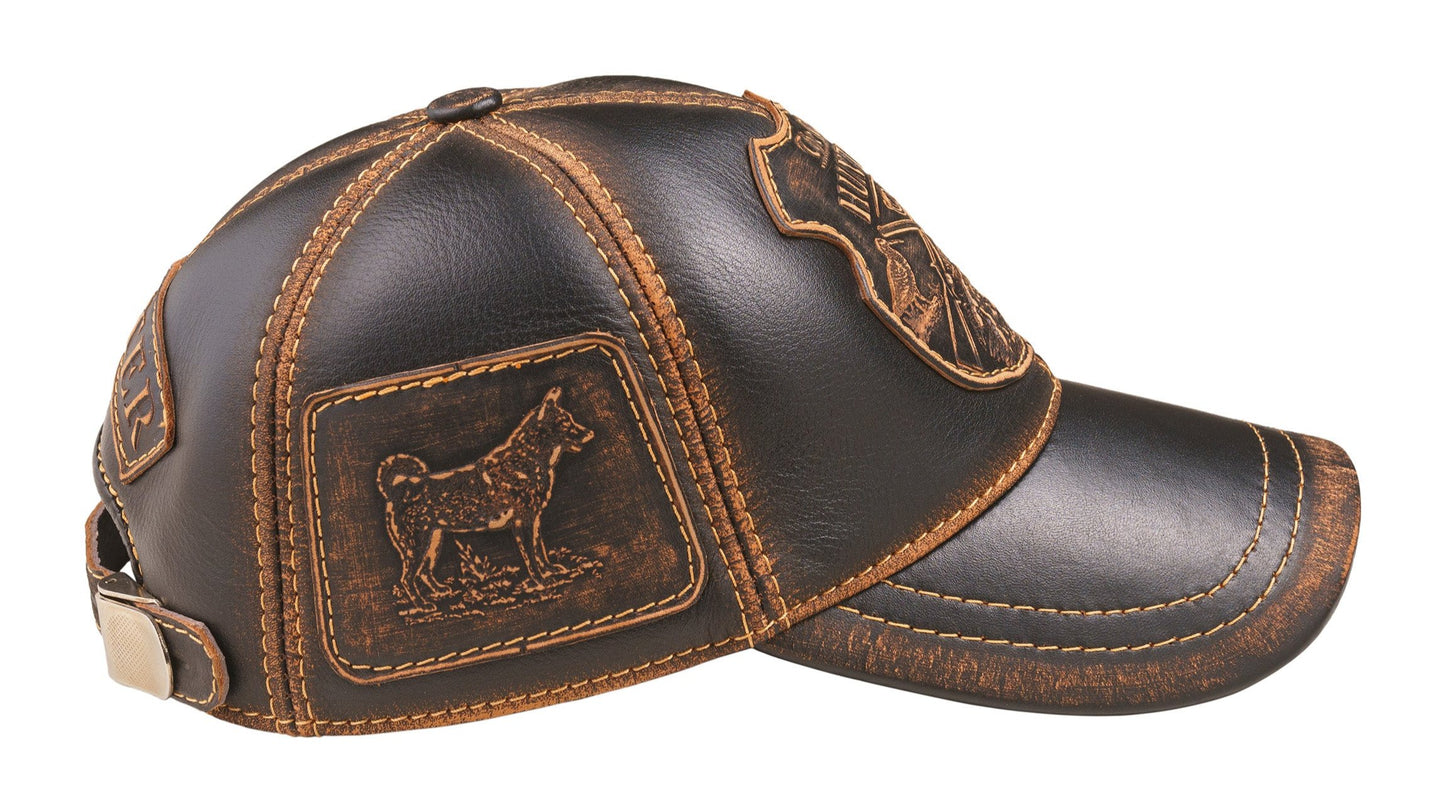 Boar Hunter Handcrafted Leather Cap with Embossed Patches. Black and Brown