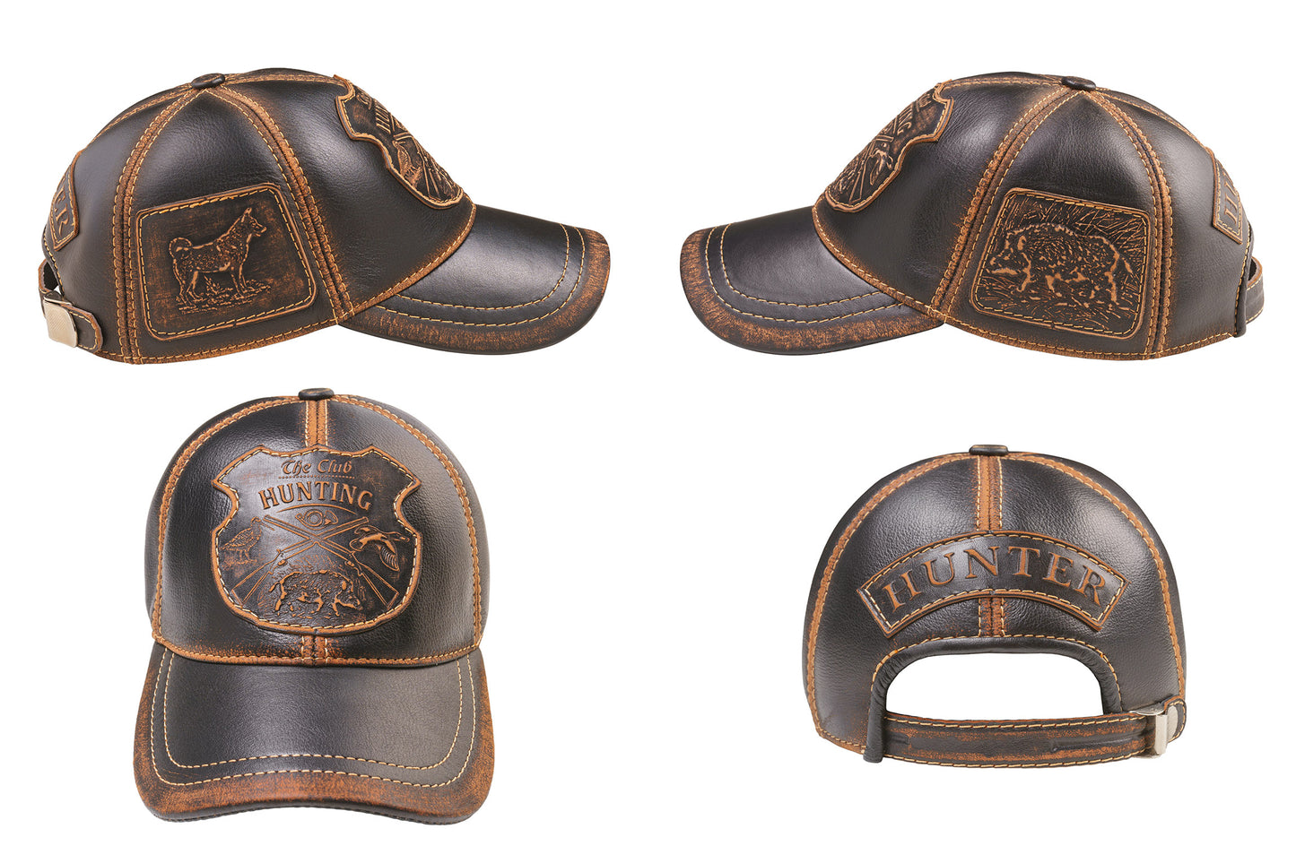 Boar Hunter Handcrafted Leather Cap with Embossed Patches. Black and Brown