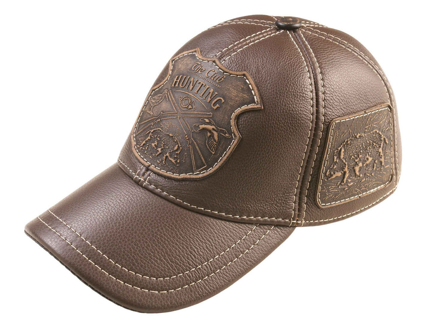 Boar Hunter Handcrafted Leather Cap with Embossed Patches. Brown