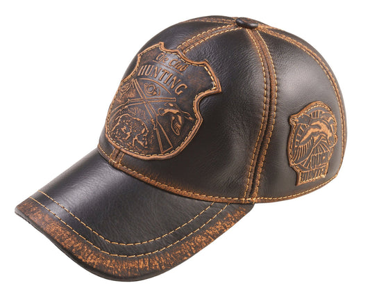 Duck Hunter Handcrafted Leather Cap with Embossed Patches. Brown