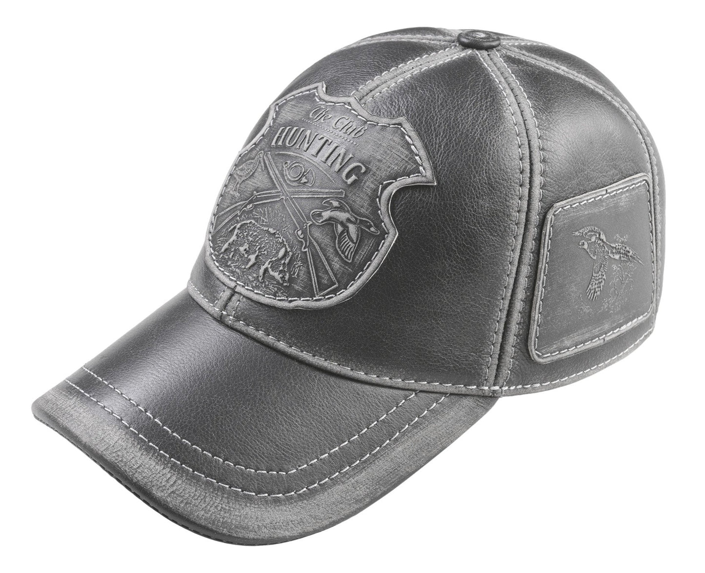 Pheasant Hunter Handcrafted Leather Cap with Embossed Patches. Gray