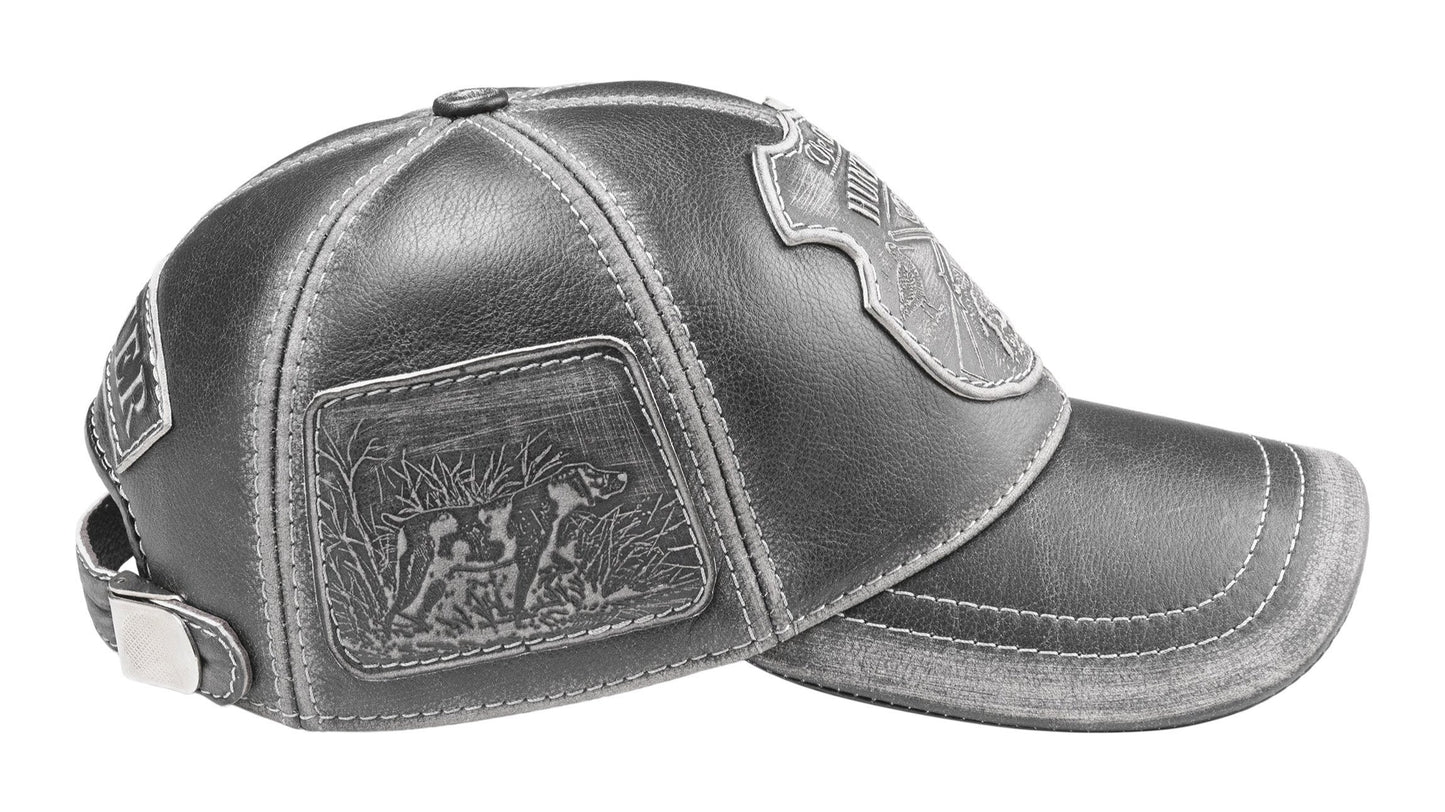 Pheasant Hunter Handcrafted Leather Cap with Embossed Patches. Gray