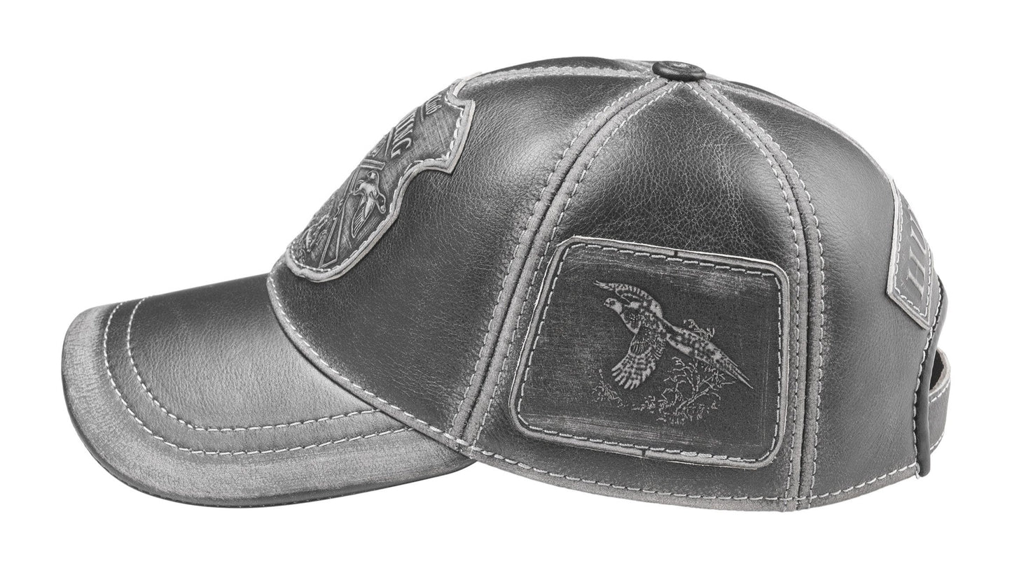 Pheasant Hunter Handcrafted Leather Cap with Embossed Patches. Gray