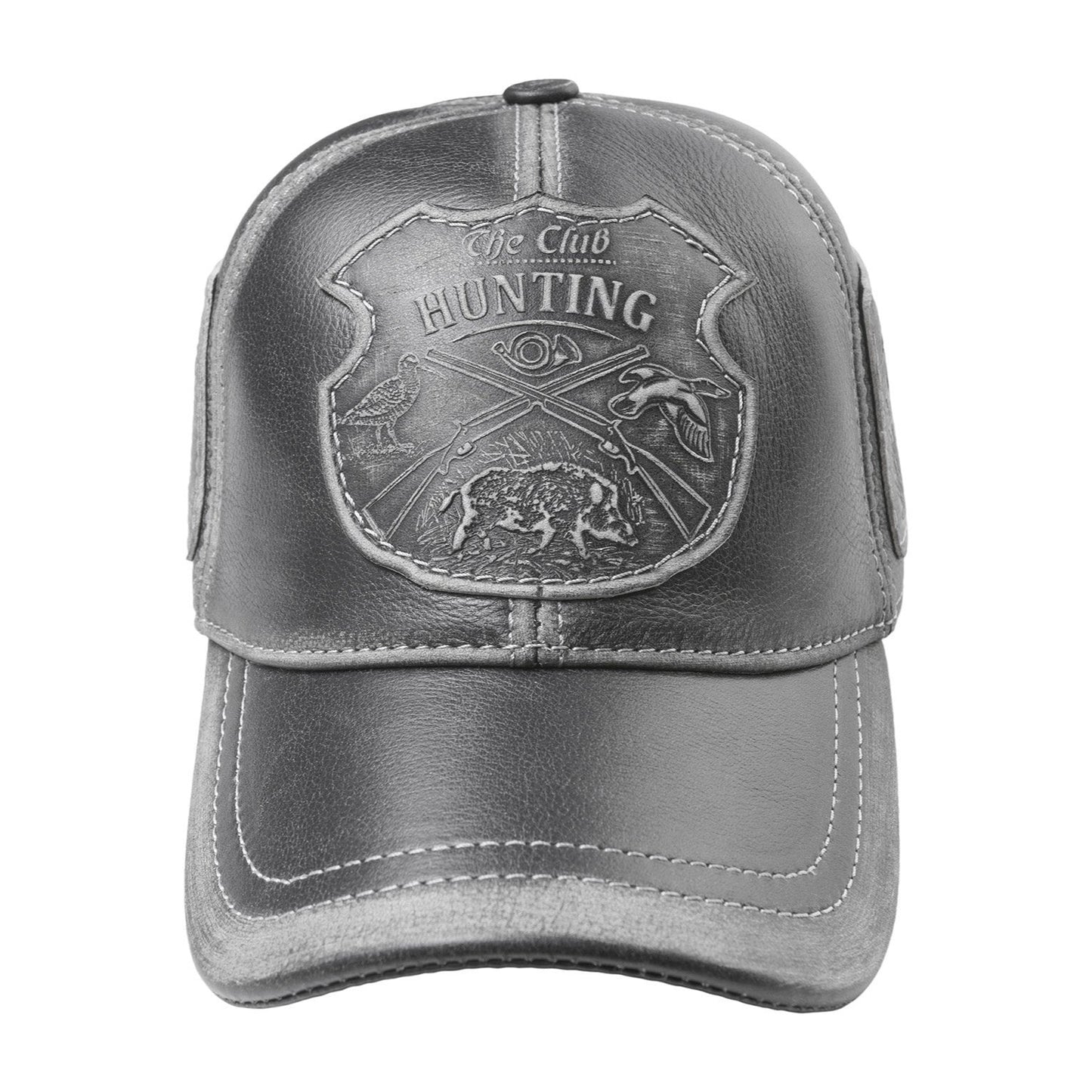 Pheasant Hunter Handcrafted Leather Cap with Embossed Patches. Gray