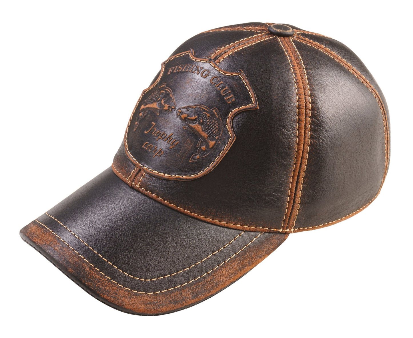 Trophy Carp Genuine Leather Handcrafted  Fisherman Casual Black&Brown Cap