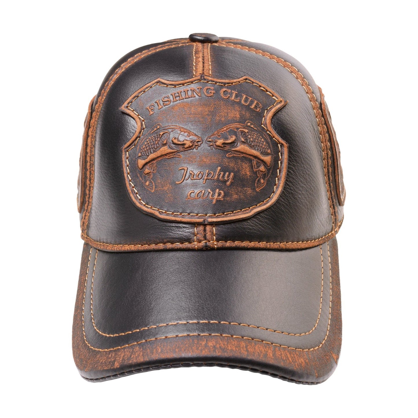 Trophy Carp Genuine Leather Handcrafted  Fisherman Casual Black&Brown Cap