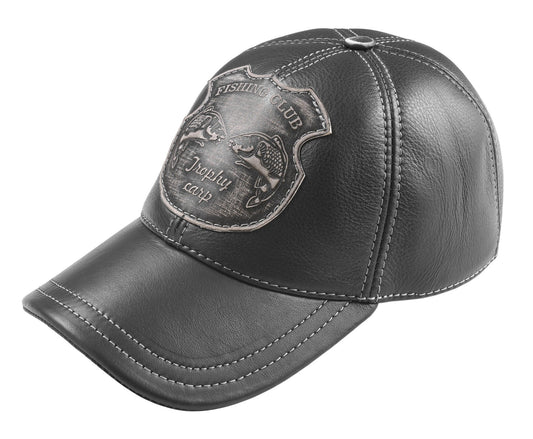 Trophy Carp Genuine Leather Handcrafted  Fisherman Casual Black Cap