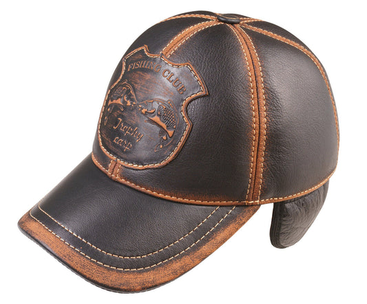 Fishing Club Fall and Winter Genuine Leather Handcrafted  Fisherman Black&Brown Cap