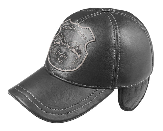 Fishing Club Fall and Winter Genuine Leather Handcrafted  Fisherman Black Cap