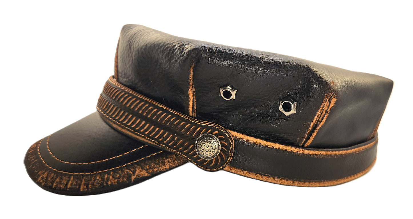 Leather Harley Hat: Handmade Black Motorcycle Cap, Military Style with Vintage Stitching | Apero Bullo