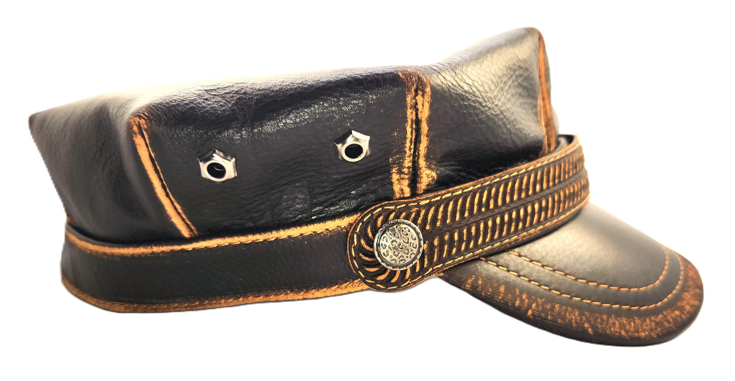 Leather Harley Hat: Handmade Black Motorcycle Cap, Military Style with Vintage Stitching | Apero Bullo