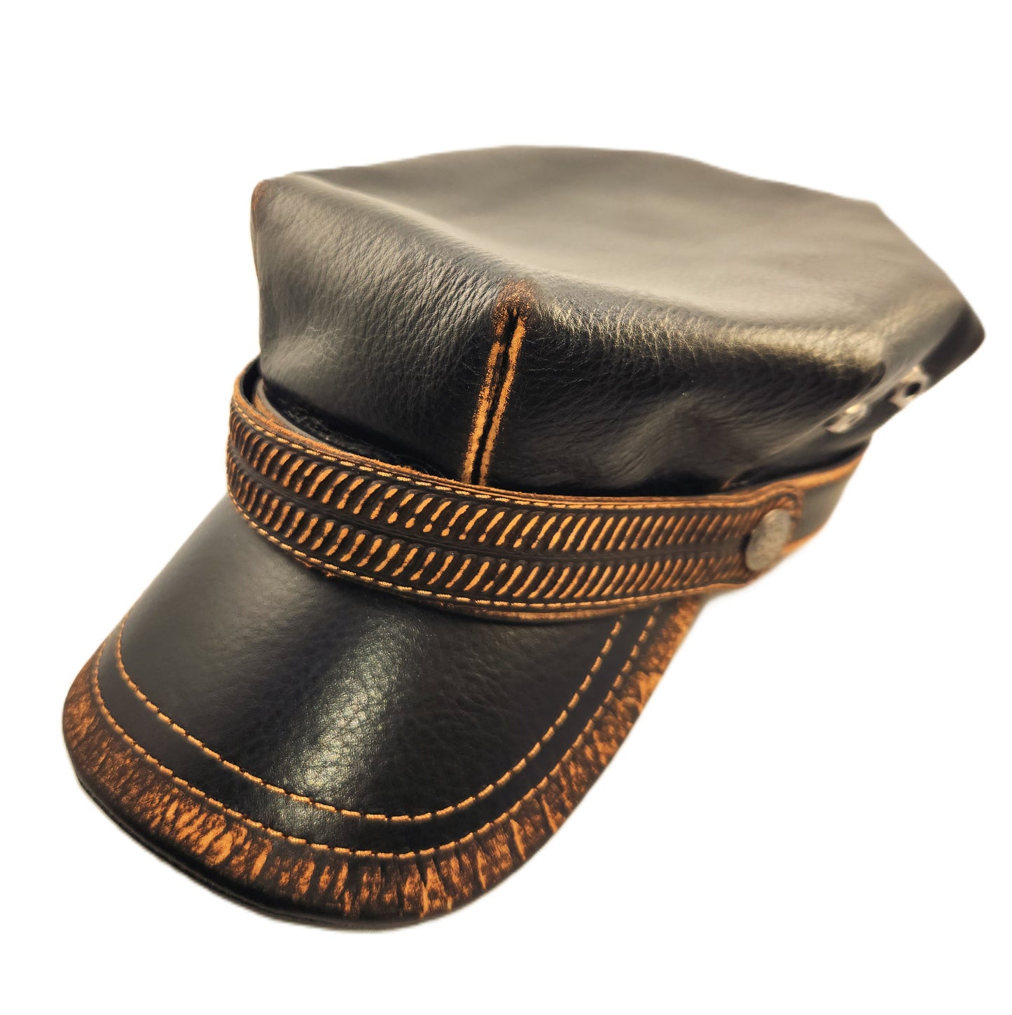 Leather Harley Hat: Handmade Black Motorcycle Cap, Military Style with Vintage Stitching | Apero Bullo