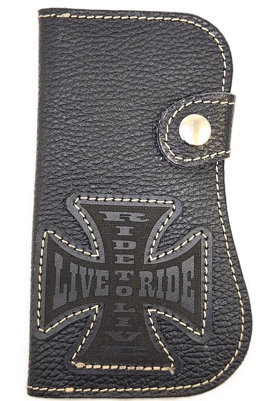 Biker style cowhide wallet with Iron Cross and Riding Scull