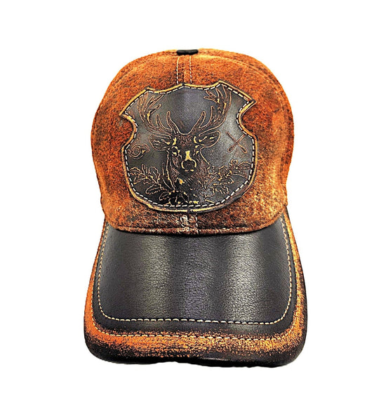 Leather Deer Hunting Cap: Handmade Brown Distressed Hat with Embossed Patches and Curved Black Brim | Apero Bullo