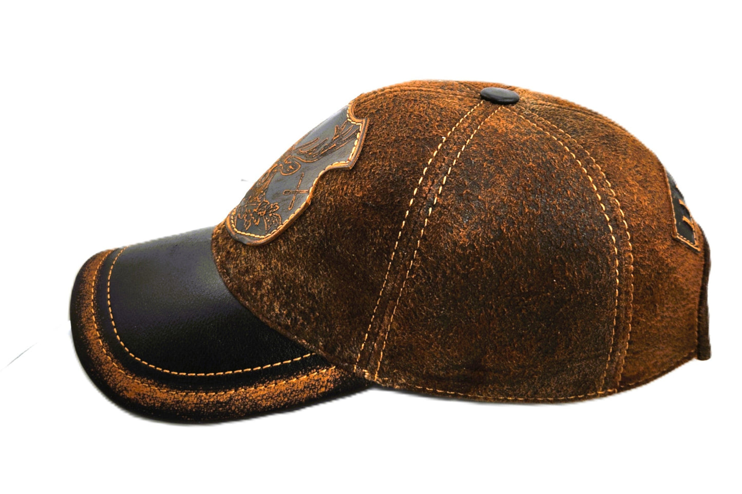 Leather Deer Hunting Cap: Handmade Brown Distressed Hat with Embossed Patches and Curved Black Brim | Apero Bullo