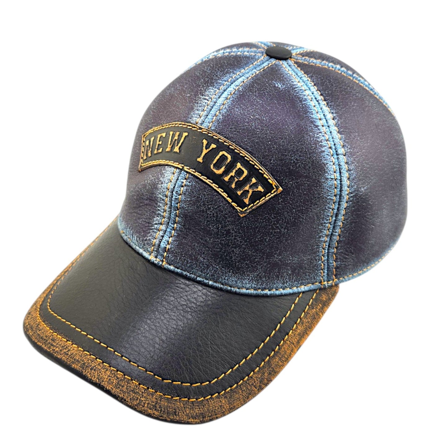 Leather Biker Hat: Handmade Distressed Blue & Black Baseball Cap with “New York” Patch, Adjustable Dad Hat for Men – Apero Bullo