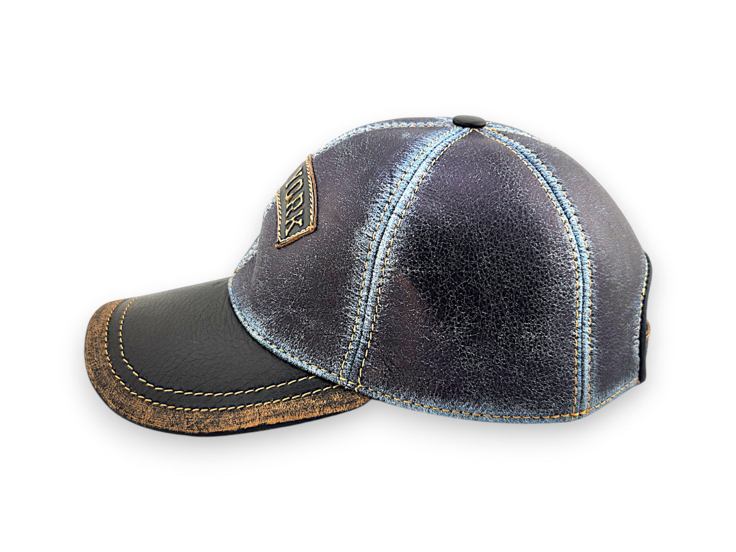 Leather Biker Hat: Handmade Distressed Blue & Black Baseball Cap with “New York” Patch, Adjustable Dad Hat for Men – Apero Bullo
