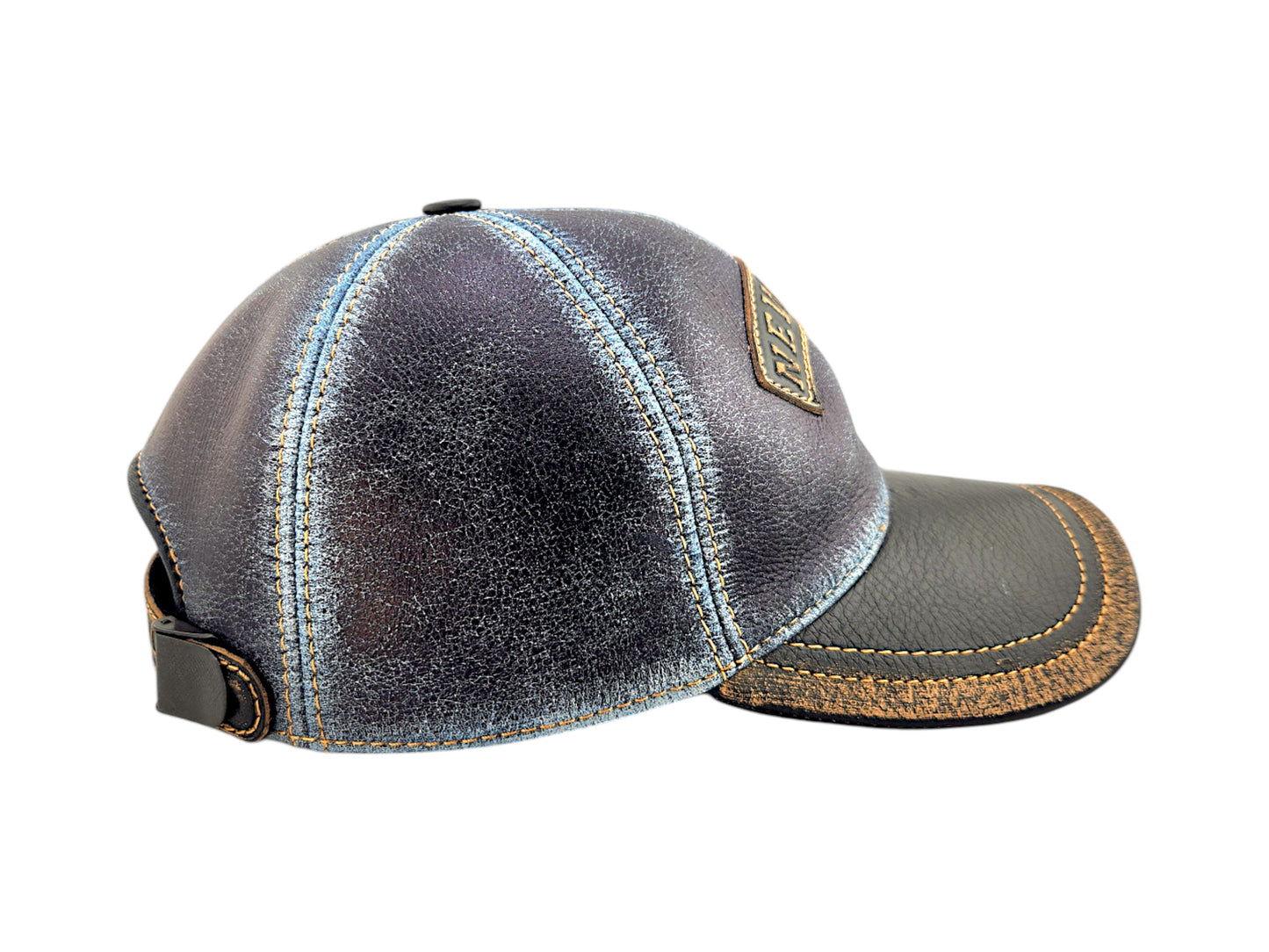 Leather Biker Hat: Handmade Distressed Blue & Black Baseball Cap with “New York” Patch, Adjustable Dad Hat for Men – Apero Bullo