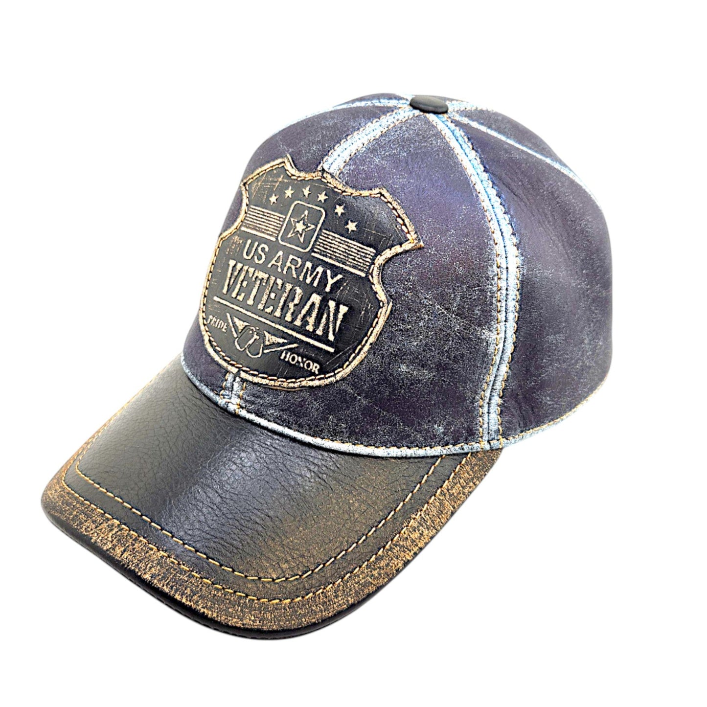 Leather Veteran Hat: Handmade Distressed Blue & Black Cap with “US Army Veteran” Patch – Military Pride Dad Baseball Hat | Apero Bullo