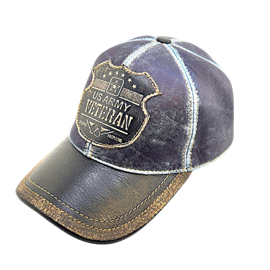 Leather Veteran Hat: Handmade Distressed Blue & Black Cap with “US Army Veteran” Patch – Military Pride Dad Baseball Hat | Apero Bullo