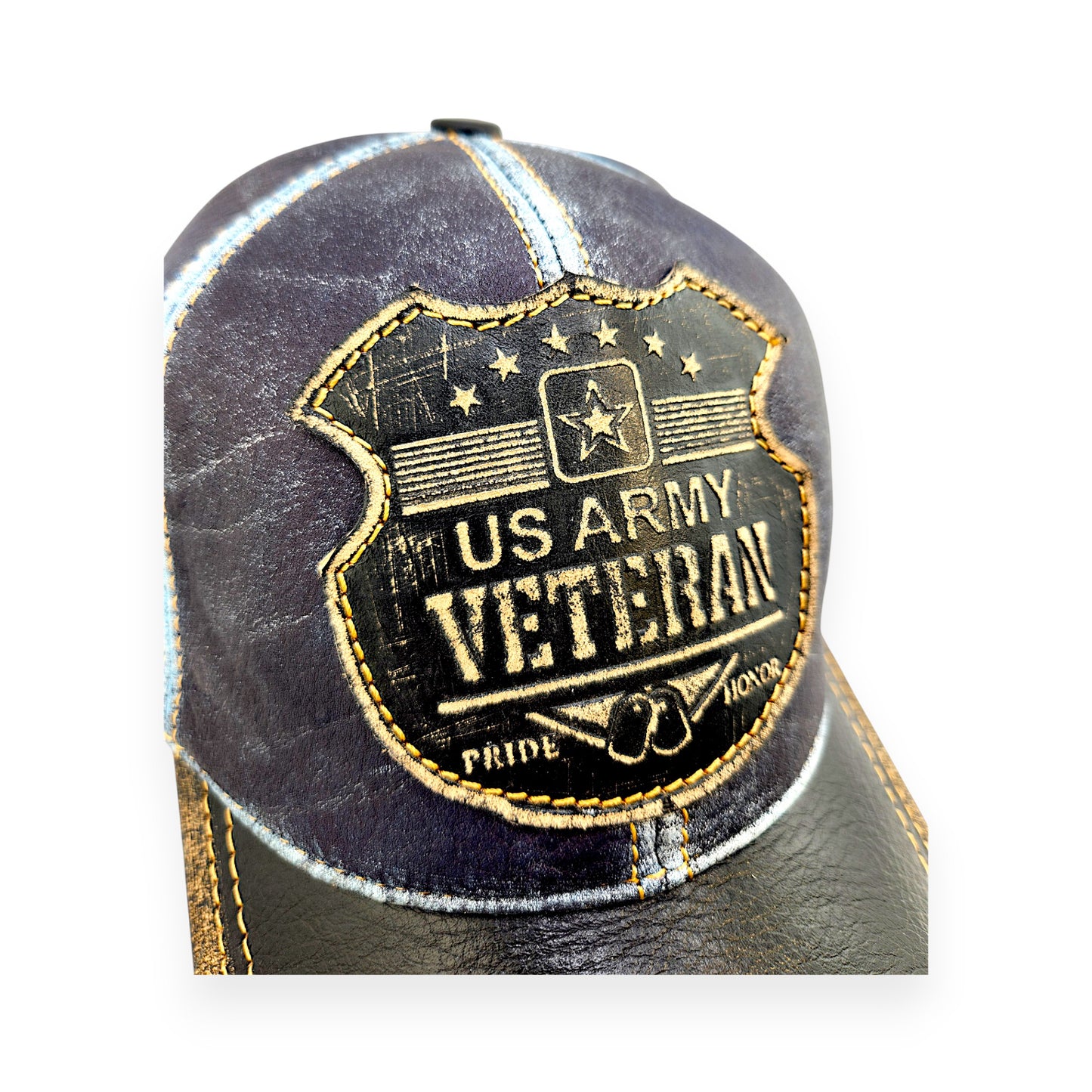Leather Veteran Hat: Handmade Distressed Blue & Black Cap with “US Army Veteran” Patch – Military Pride Dad Baseball Hat | Apero Bullo