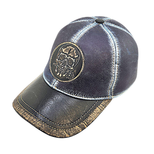 Leather Biker Hat: Handmade Distressed Blue & Black Cap with Skull & Rose Patch – Adjustable Baseball Dad Hat for Men | Apero Bullo