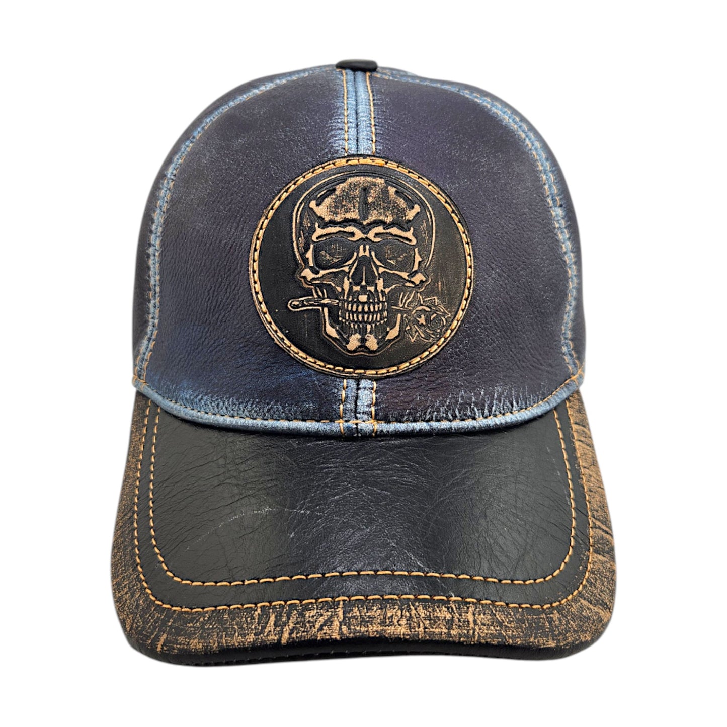 Leather Biker Hat: Handmade Distressed Blue & Black Cap with Skull & Rose Patch – Adjustable Baseball Dad Hat for Men | Apero Bullo
