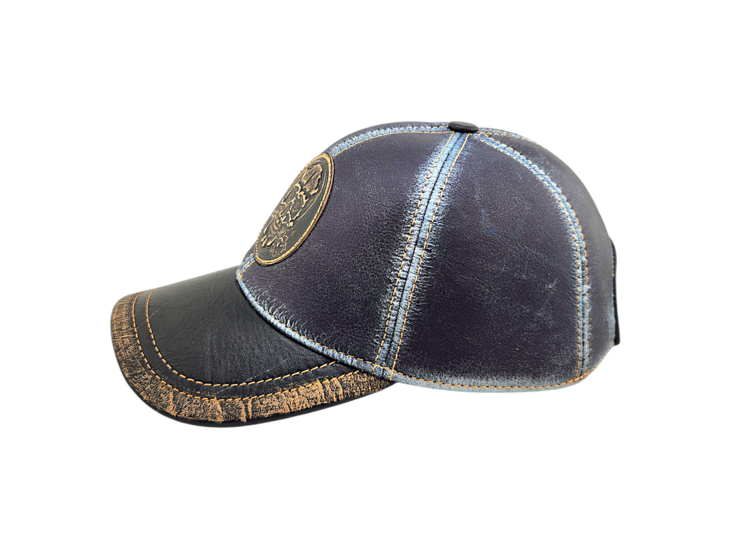 Leather Biker Hat: Handmade Distressed Blue & Black Cap with Skull & Rose Patch – Adjustable Baseball Dad Hat for Men | Apero Bullo