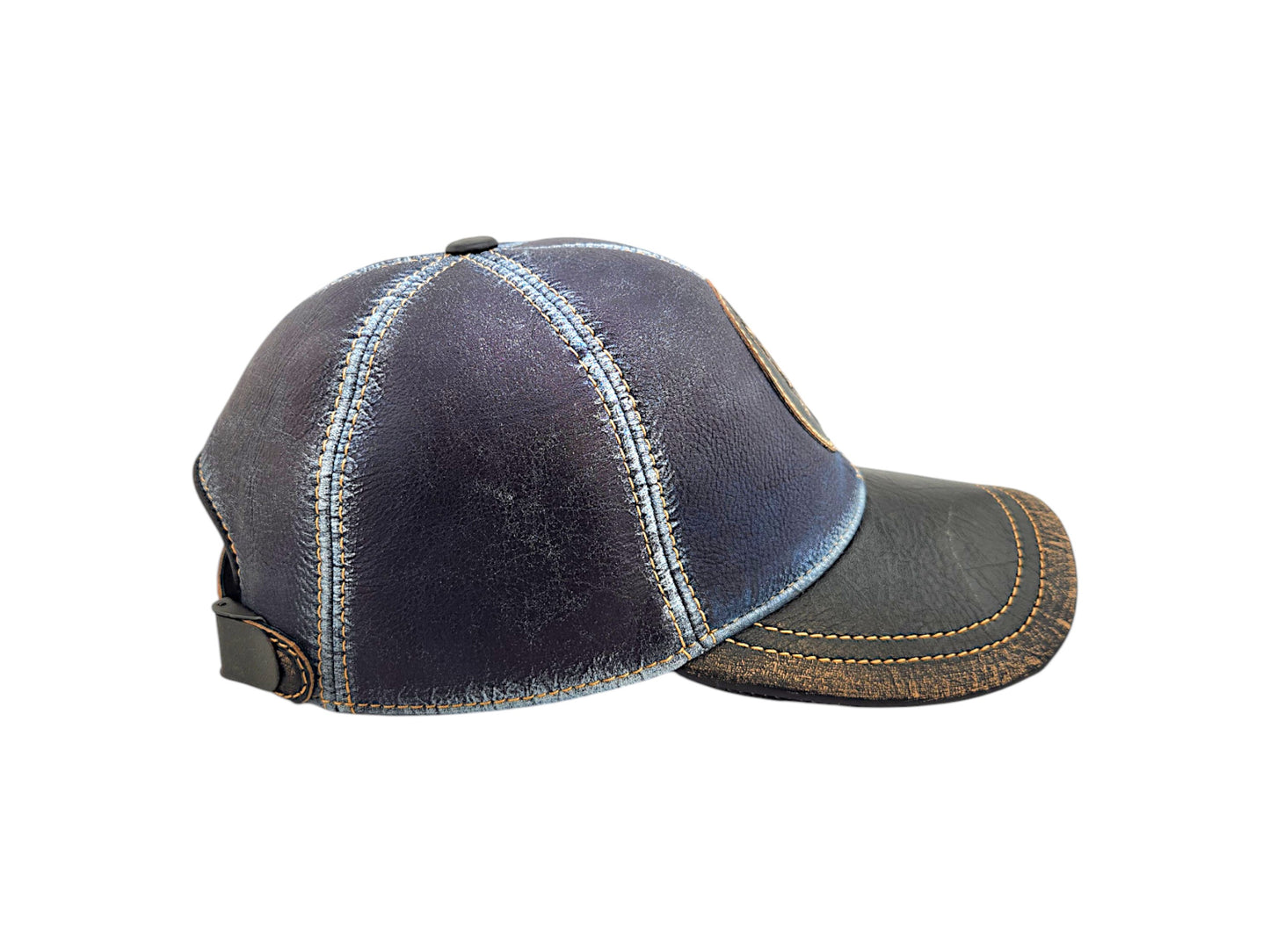 Leather Biker Hat: Handmade Distressed Blue & Black Cap with Skull & Rose Patch – Adjustable Baseball Dad Hat for Men | Apero Bullo