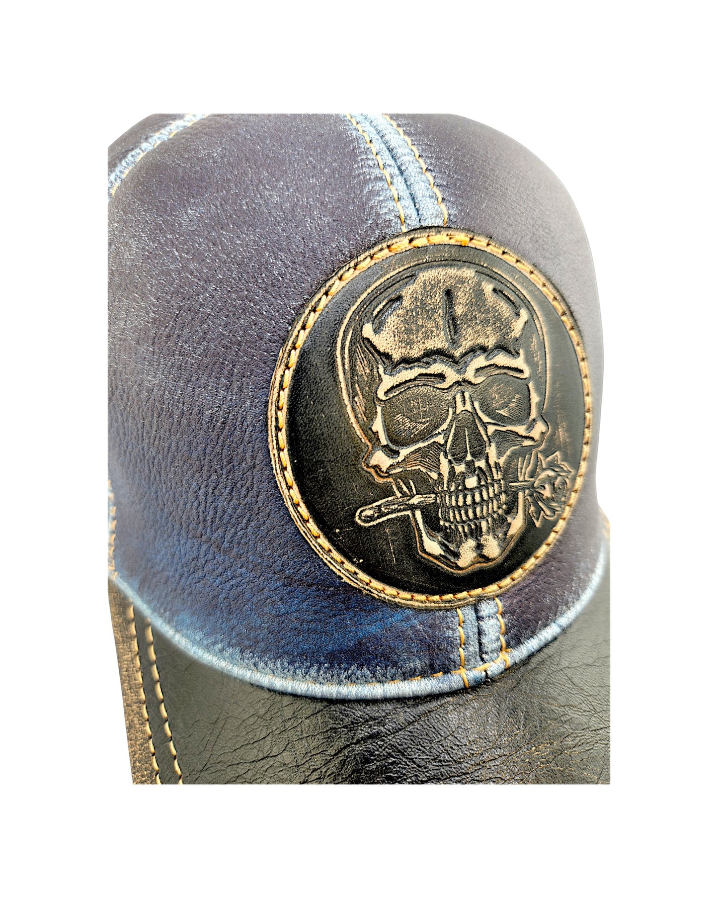 Leather Biker Hat: Handmade Distressed Blue & Black Cap with Skull & Rose Patch – Adjustable Baseball Dad Hat for Men | Apero Bullo