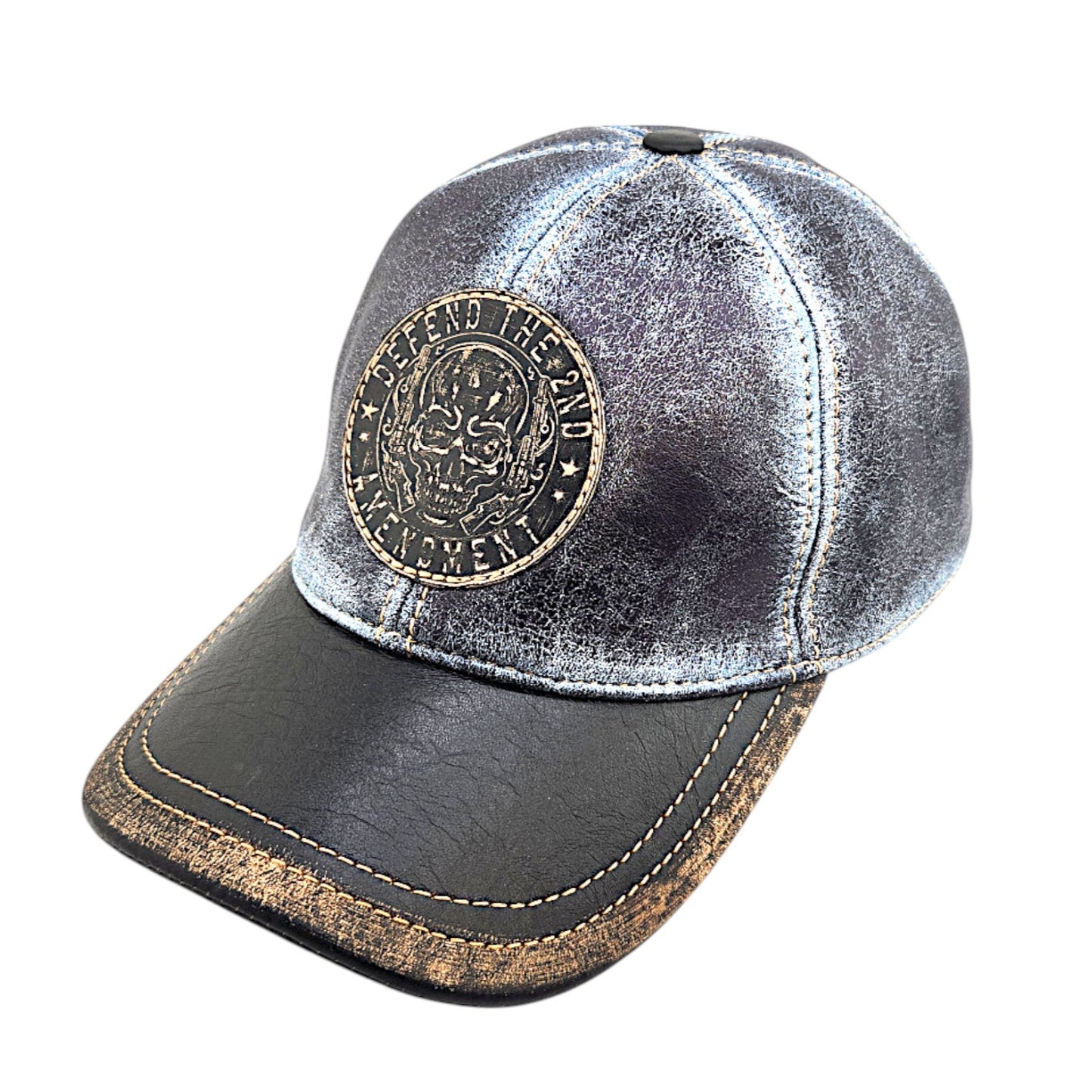 Leather Biker Hat: Handmade Distressed Blue & Black Cap with Skull Patch “Defend the 2nd Amendment” – Adjustable Baseball Dad Hat | Apero Bullo