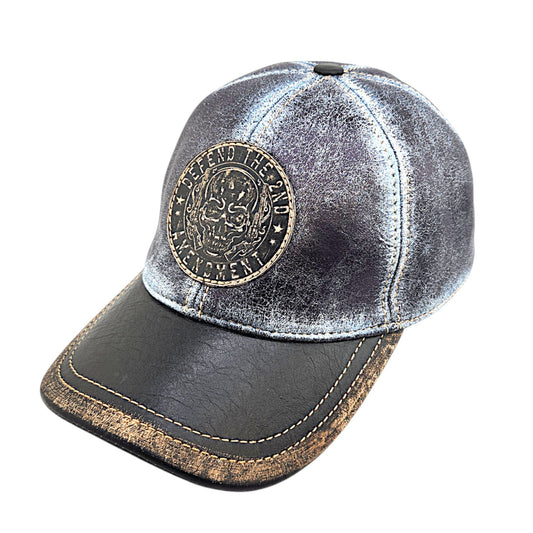 Leather Biker Hat: Handmade Distressed Blue & Black Cap with Skull Patch “Defend the 2nd Amendment” – Adjustable Baseball Dad Hat | Apero Bullo