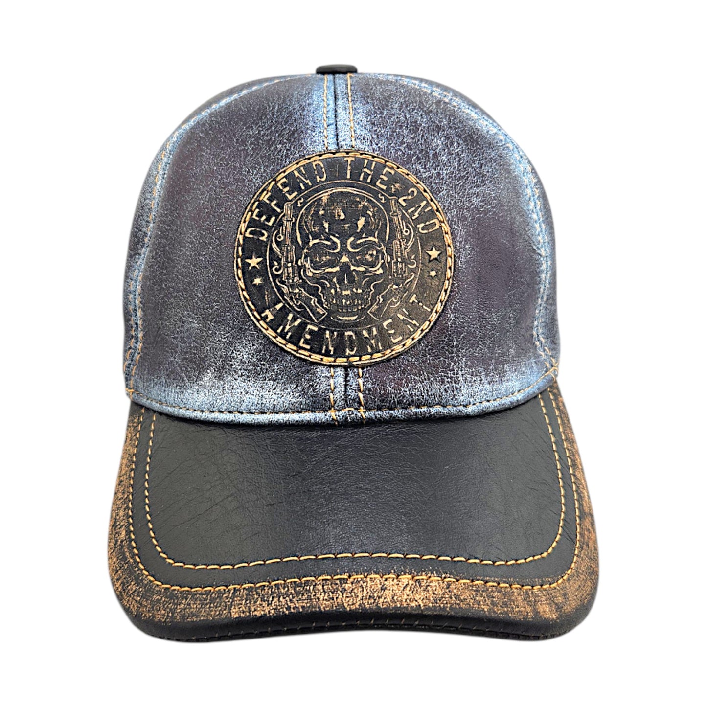 Leather Biker Hat: Handmade Distressed Blue & Black Cap with Skull Patch “Defend the 2nd Amendment” – Adjustable Baseball Dad Hat | Apero Bullo