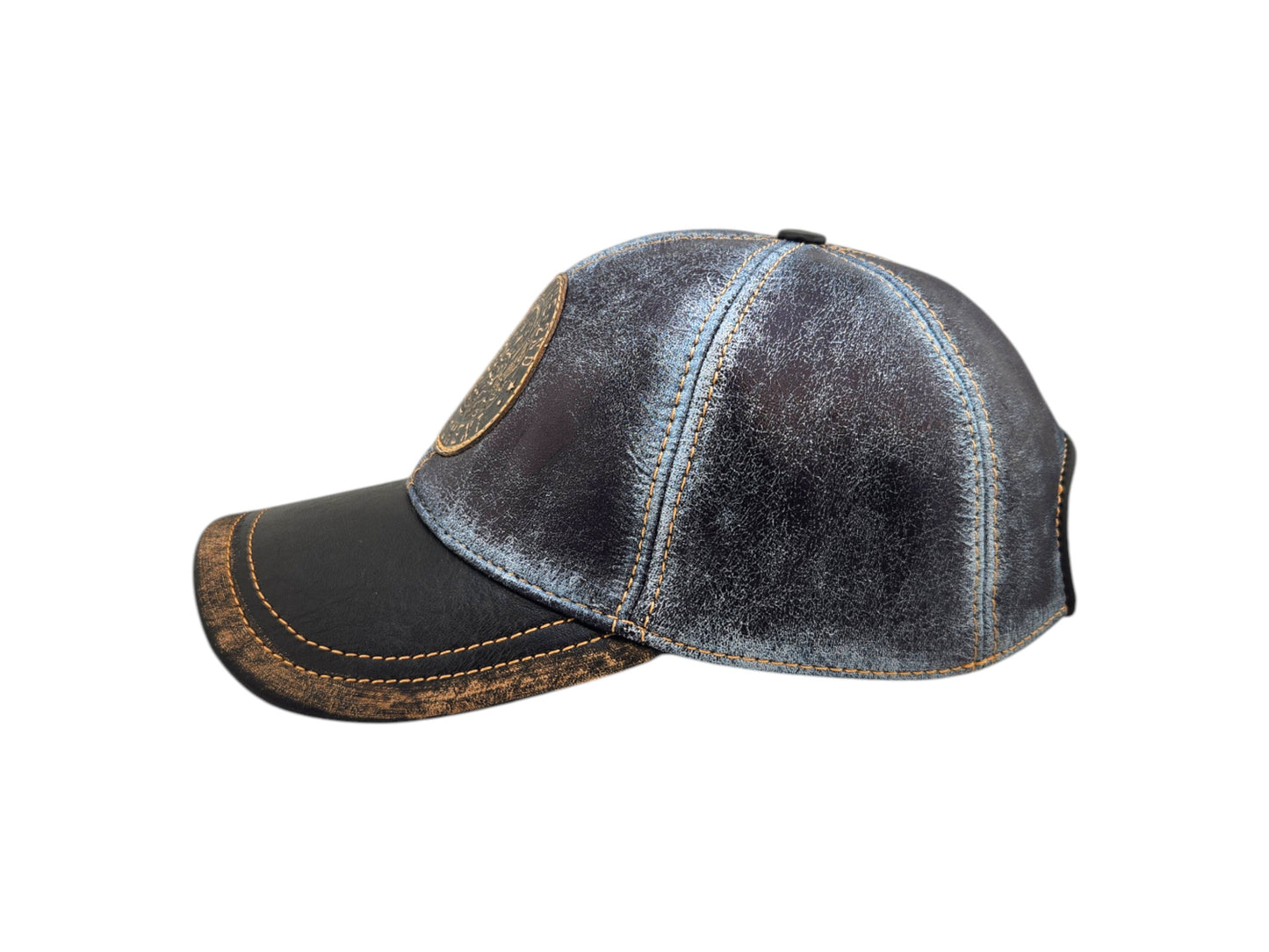 Leather Biker Hat: Handmade Distressed Blue & Black Cap with Skull Patch “Defend the 2nd Amendment” – Adjustable Baseball Dad Hat | Apero Bullo