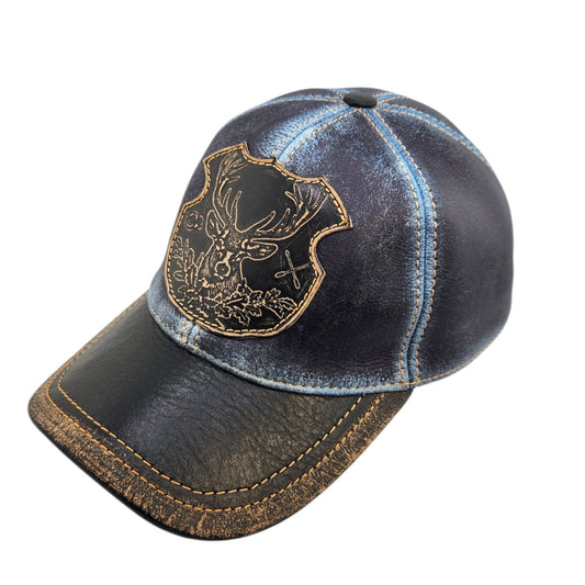 Leather Hunting Cap: Handmade Distressed Blue and Black Hat with Deer Badge | Apero Bullo