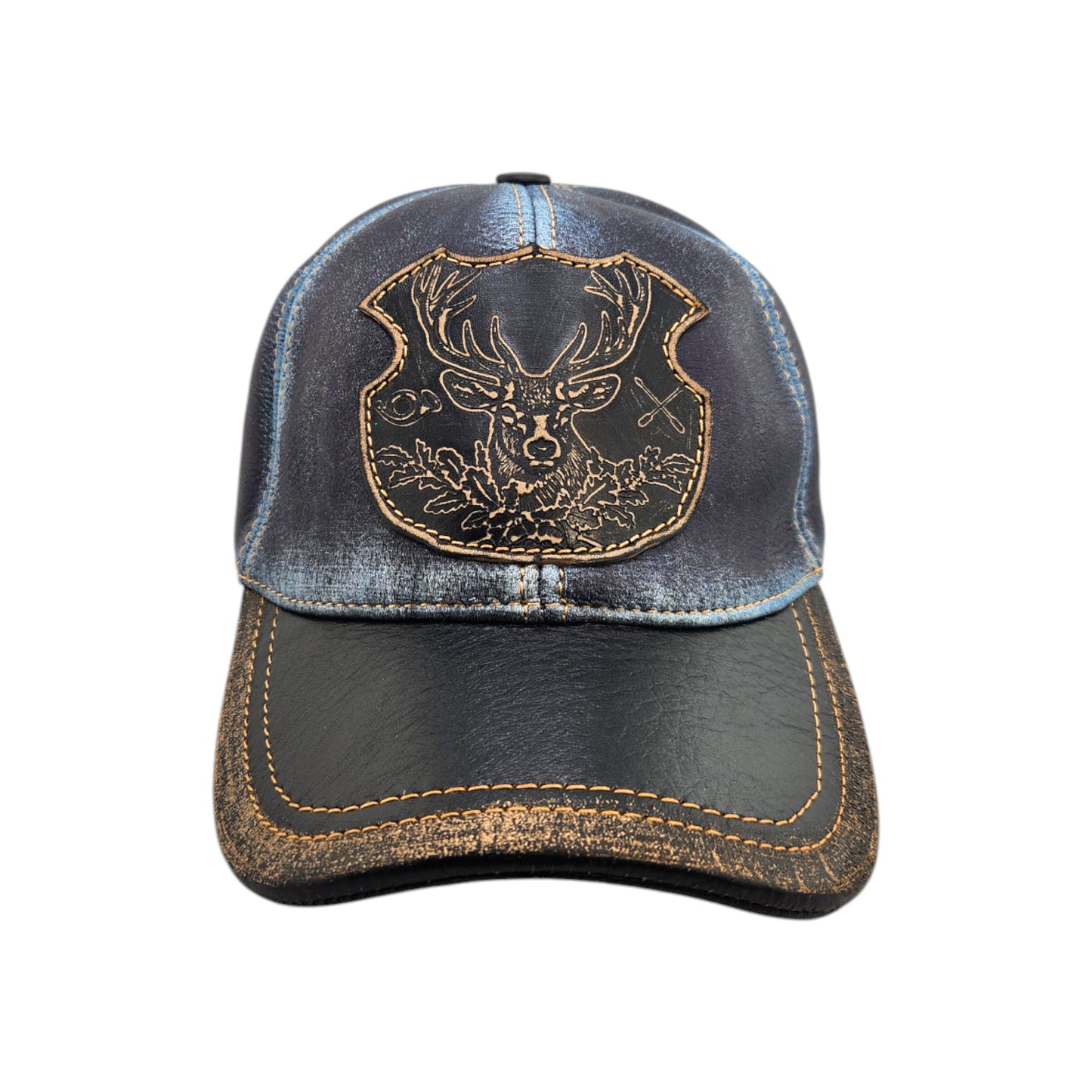 Leather Hunting Cap: Handmade Distressed Blue and Black Hat with Deer Badge | Apero Bullo
