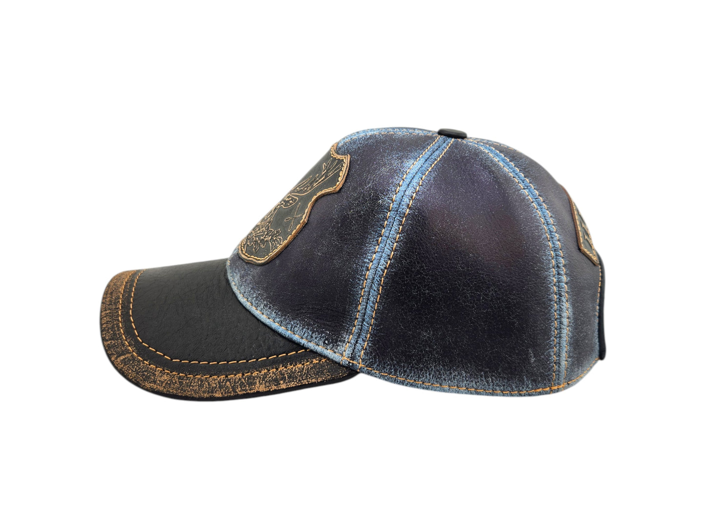 Leather Hunting Cap: Handmade Distressed Blue and Black Hat with Deer Badge | Apero Bullo