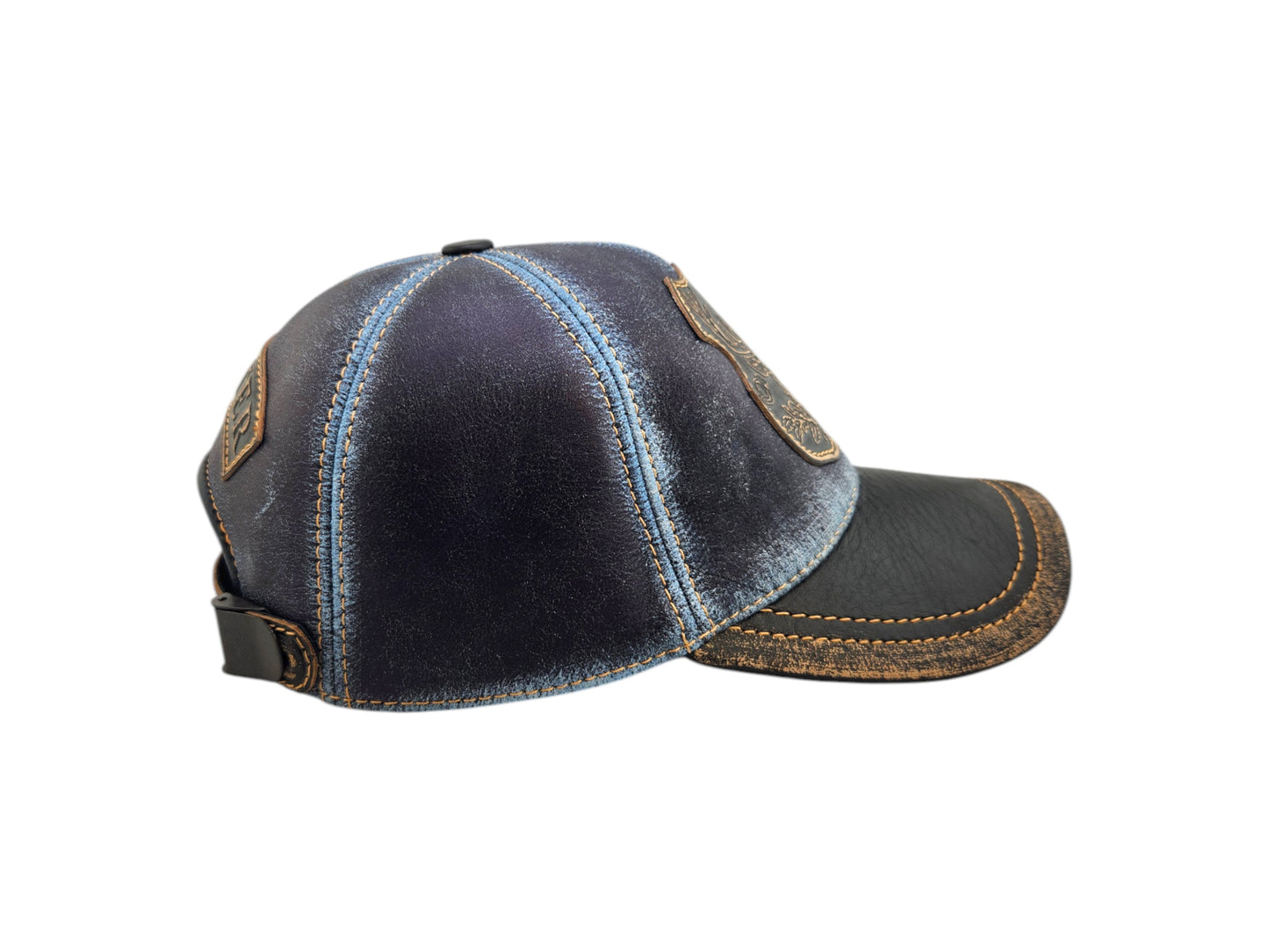 Leather Hunting Cap: Handmade Distressed Blue and Black Hat with Deer Badge | Apero Bullo