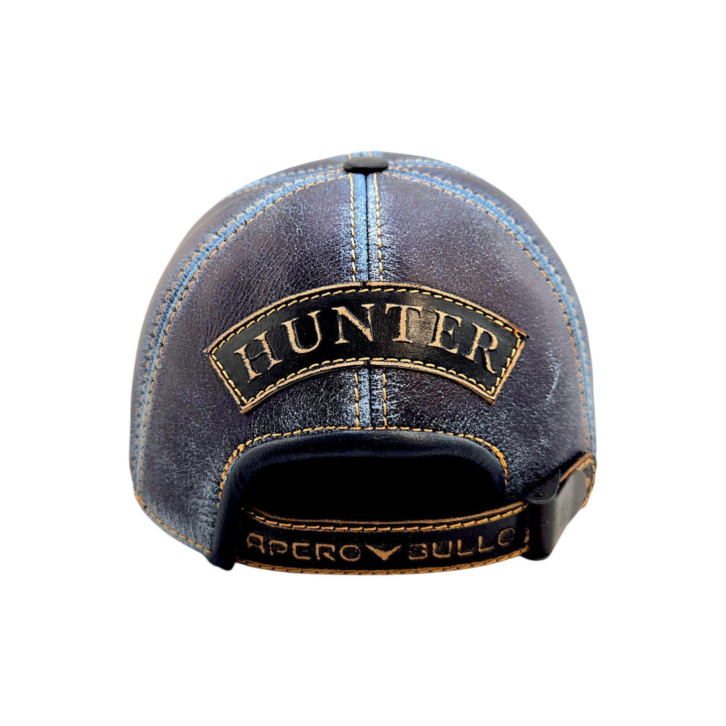 Leather Hunting Cap: Handmade Distressed Blue and Black Hat with Deer Badge | Apero Bullo