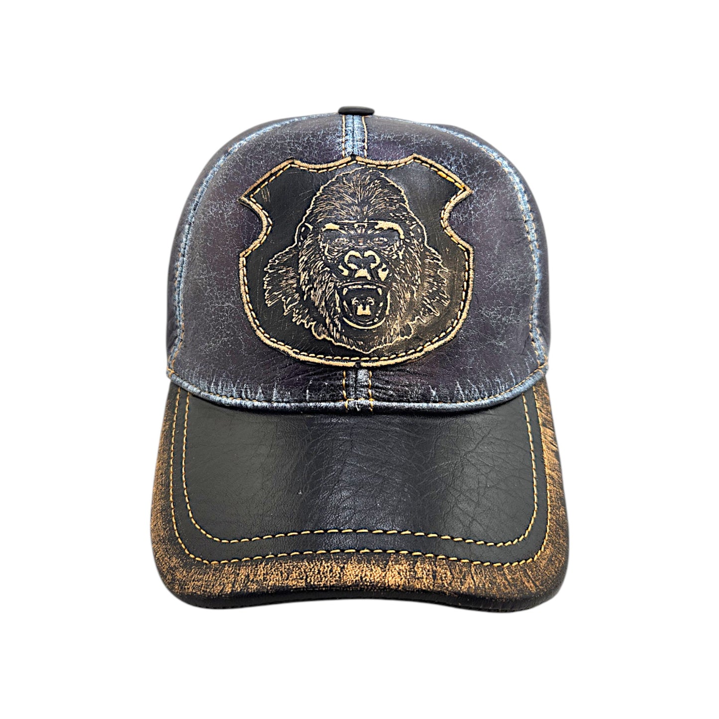 Leather Baseball Cap: Handmade Blue Distressed Cap with Gorilla Patch – Urban Streetwear Hat for Men | Apero Bullo