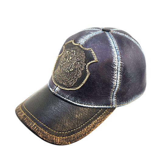 Leather Biker & Hunting Hat: Handmade Distressed Blue Cap with Roaring Lion Patch, Vintage Motorcycle Dad Cap | Apero Bullo