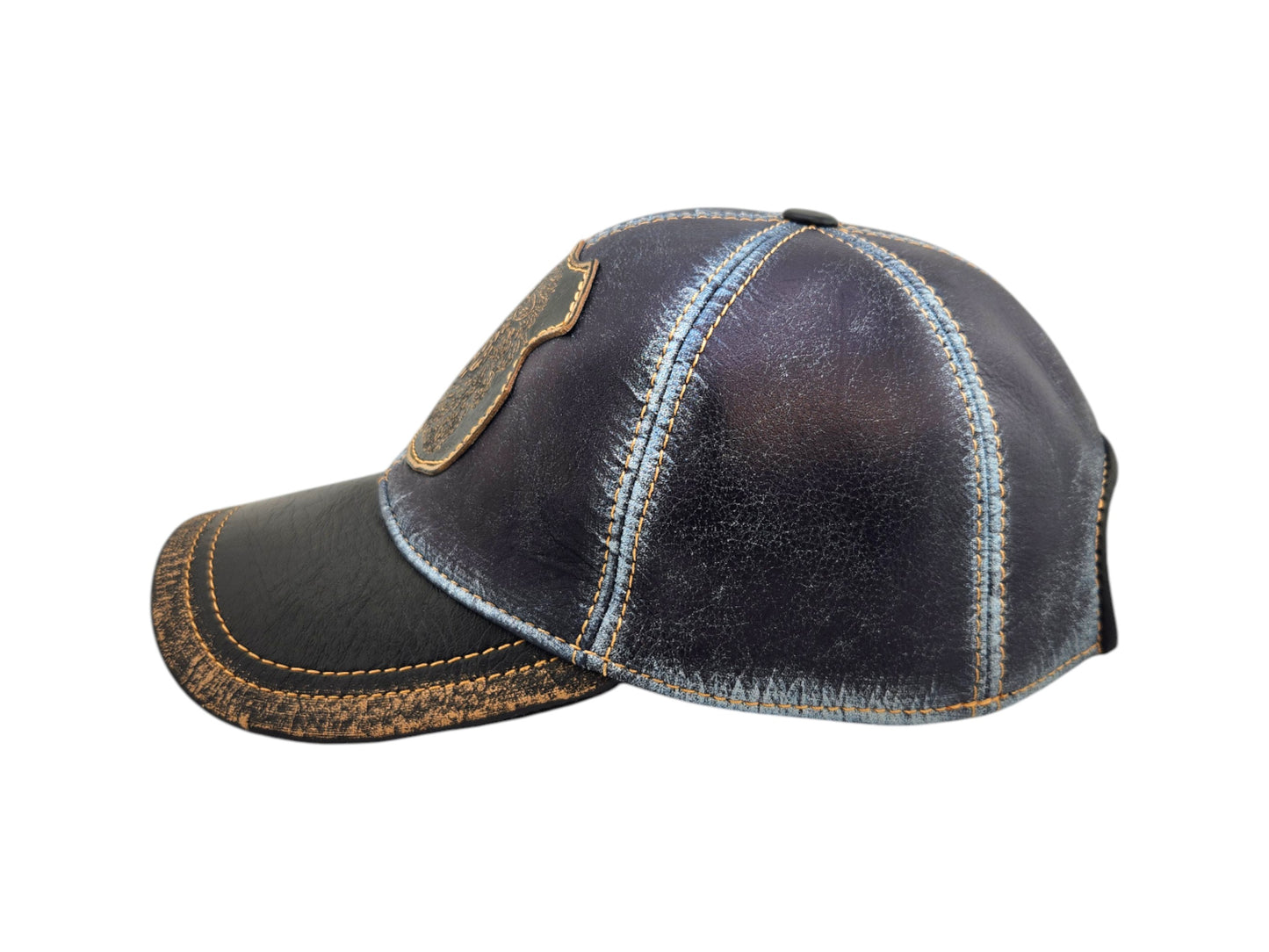 Leather Biker & Hunting Hat: Handmade Distressed Blue Cap with Roaring Lion Patch, Vintage Motorcycle Dad Cap | Apero Bullo